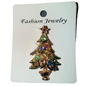 NWT Goldtone Christmas Tree Brooch Pin With Colorful Accents